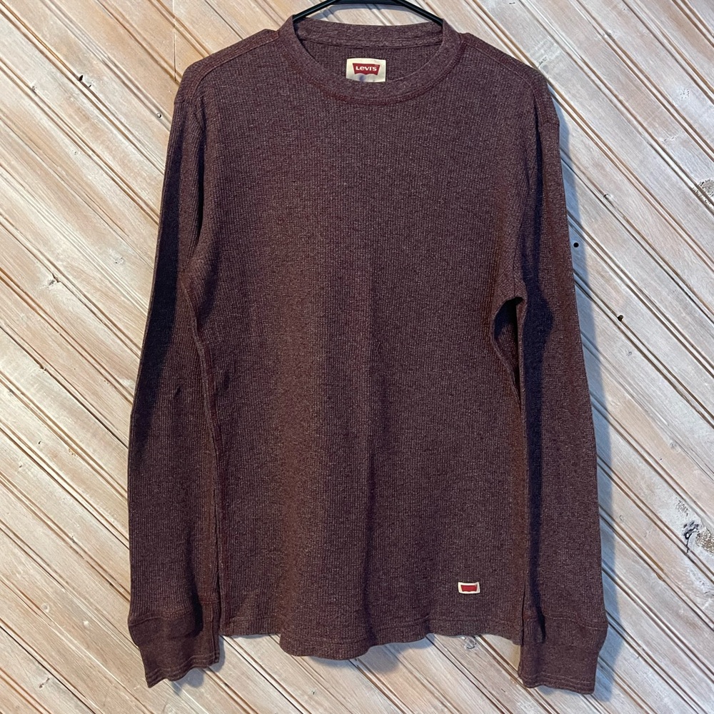 Levi's Rich Burgundy Purple Long Sleeve Waffle Knit Top Ruched Cuffs Comfy Cozy